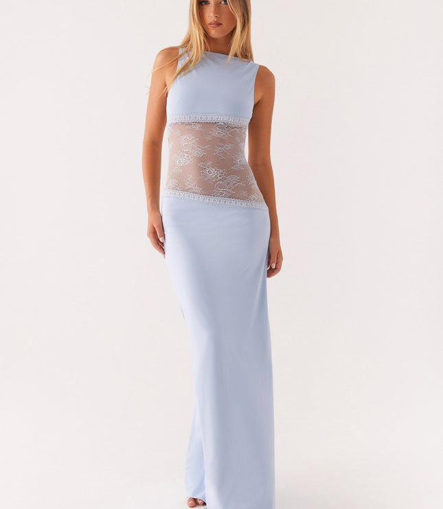 Light blue formal maxi dress with sheer lace waist panel detail