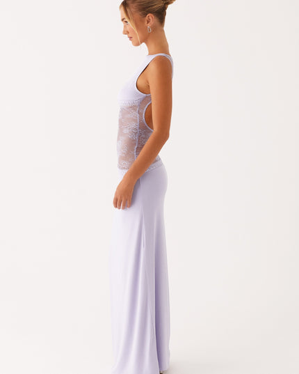 Back view lavender formal maxi with lace waist and open back design