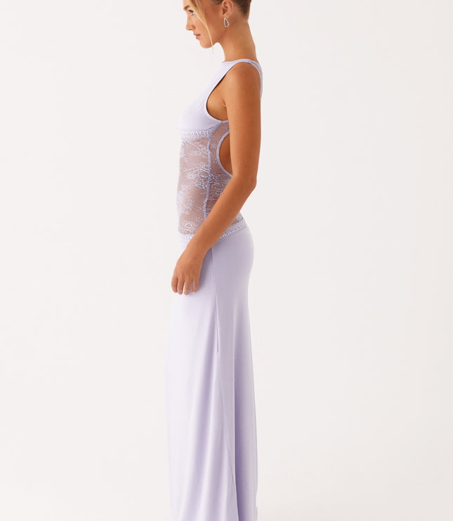Back view lavender formal maxi with lace waist and open back design