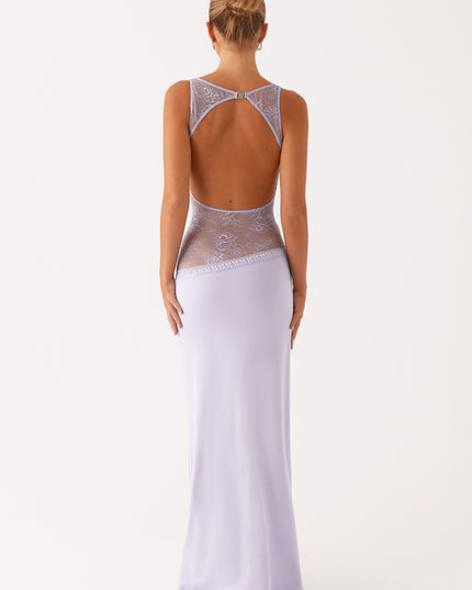 Front lavender sleeveless maxi dress with sheer lace waist detail