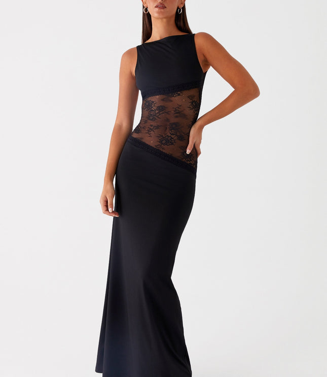 Black sleeveless formal maxi dress with transparent lace waist band