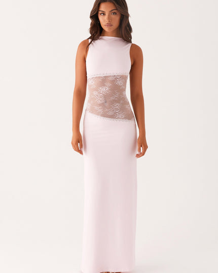 Pale pink sleeveless maxi dress with sheer lace waist panel