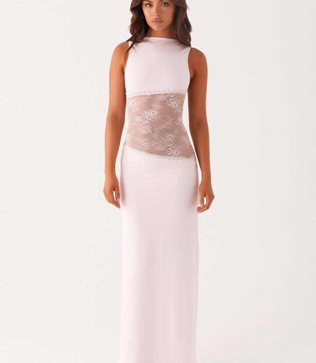Pale pink sleeveless maxi dress with sheer lace waist panel