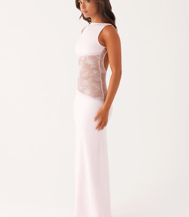 Side view of pale pink maxi dress with open back and lace waist