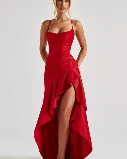 Red satin formal dress with cowl neckline and ruffled high-low hemline