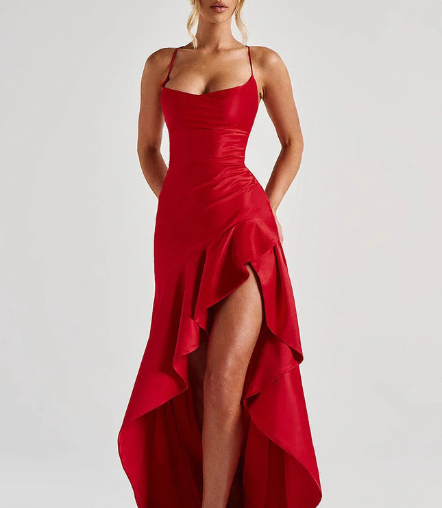 Red satin formal dress with cowl neckline and ruffled high-low hemline