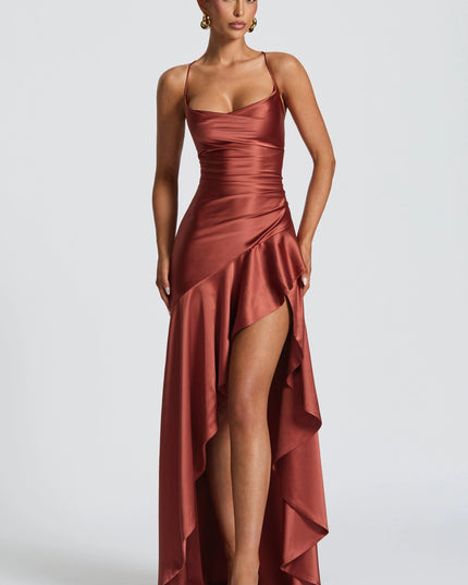 Burgundy satin cowl neck high-low maxi dress with ruched bodice