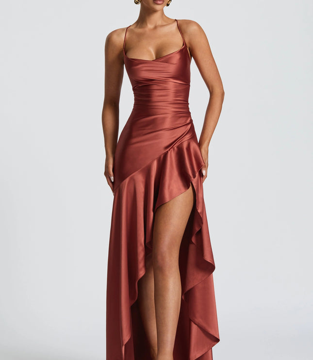 Burgundy satin cowl neck high-low maxi dress with ruched bodice