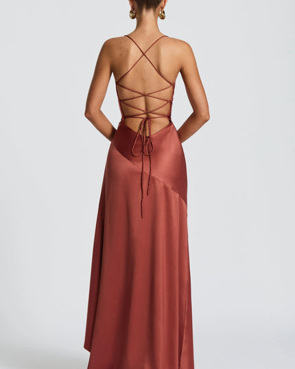 Back view of burgundy satin maxi dress with lace-up straps