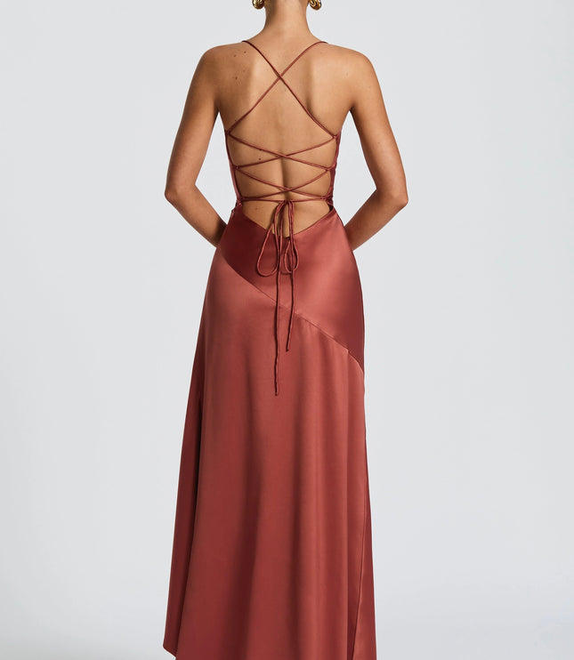 Back view of burgundy satin maxi dress with lace-up straps