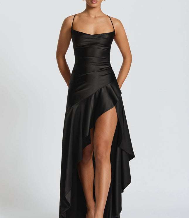 Black satin maxi dress with cowl neckline and high-low cut