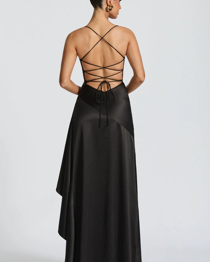 Back view of black satin maxi dress with crisscross straps