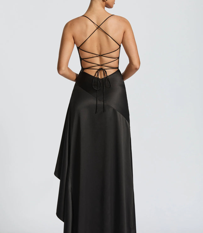 Back view of black satin maxi dress with crisscross straps
