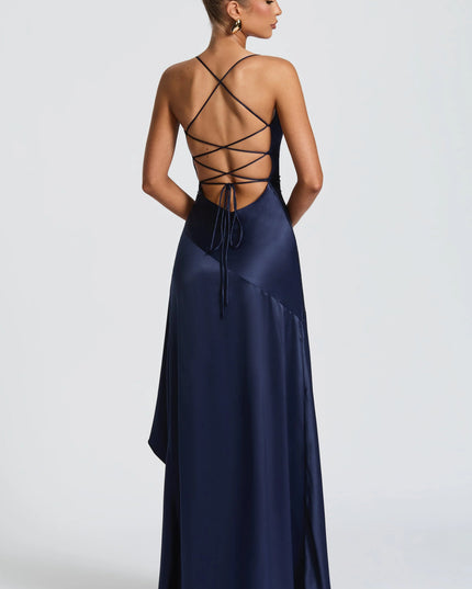Back view of navy satin formal dress with lace-up crisscross straps
