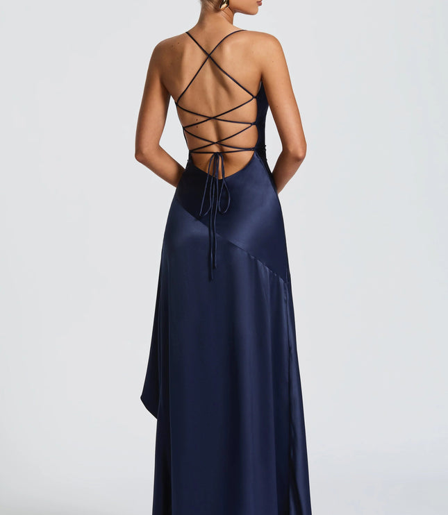 Back view of navy satin formal dress with lace-up crisscross straps