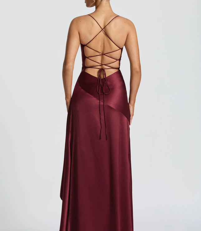 Back view of burgundy satin maxi dress with lace-up crisscross back straps