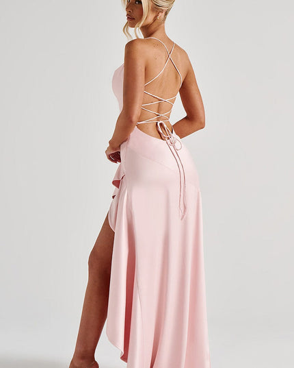 Back view of pink satin maxi dress with lace-up criss-cross straps