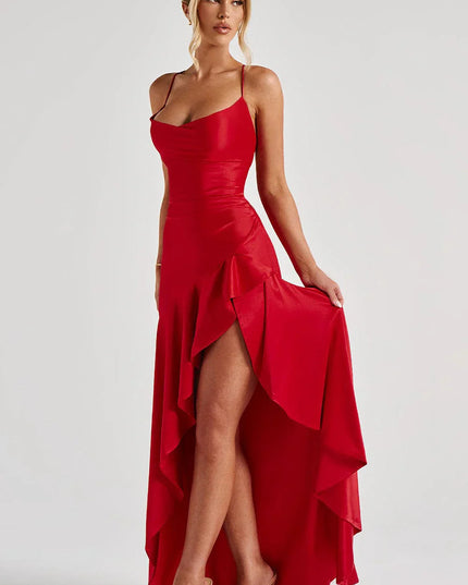 Bright red formal satin dress with cowl neckline and draped high-low skirt