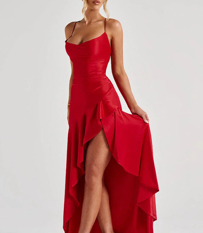 Bright red formal satin dress with cowl neckline and draped high-low skirt