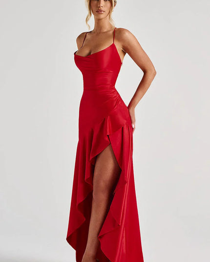 Back view of red satin maxi dress with lace-up criss-cross strap detail