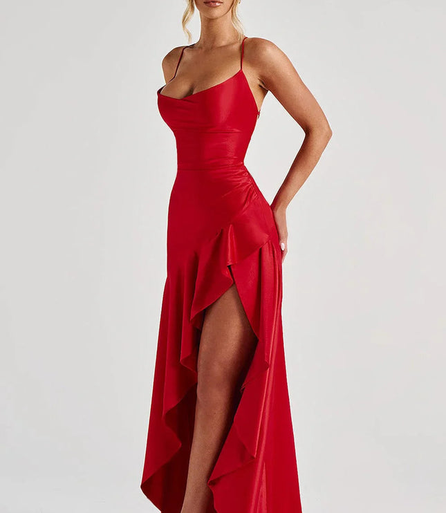 Back view of red satin maxi dress with lace-up criss-cross strap detail