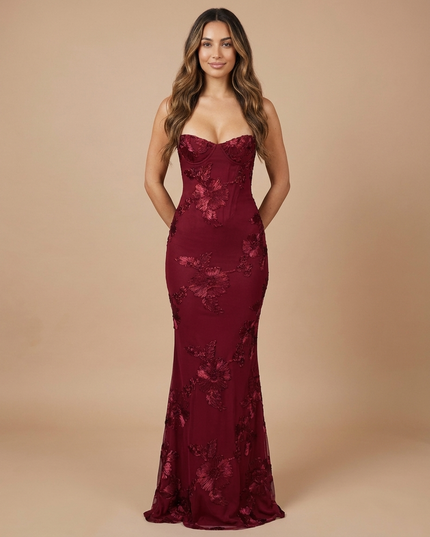 Burgundy floral V neck maxi dress with strapless sweetheart neckline and fitted wedding guest look
