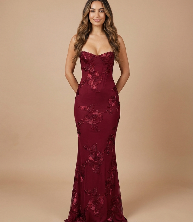 Burgundy floral V neck maxi dress with strapless sweetheart neckline and fitted wedding guest look