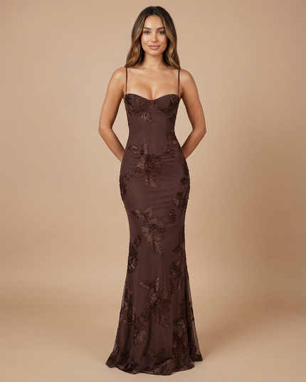 Brown floral V neck maxi dress with thin straps and fitted silhouette for wedding guest wear