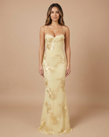 Pale yellow floral V neck maxi dress with sweetheart bodice and gold floral embroidery