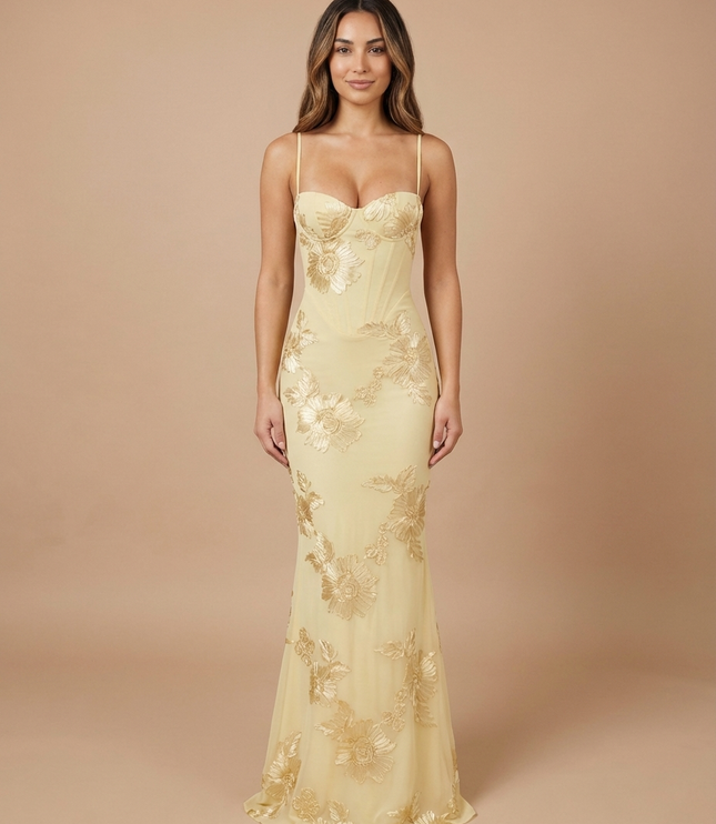 Pale yellow floral V neck maxi dress with sweetheart bodice and gold floral embroidery