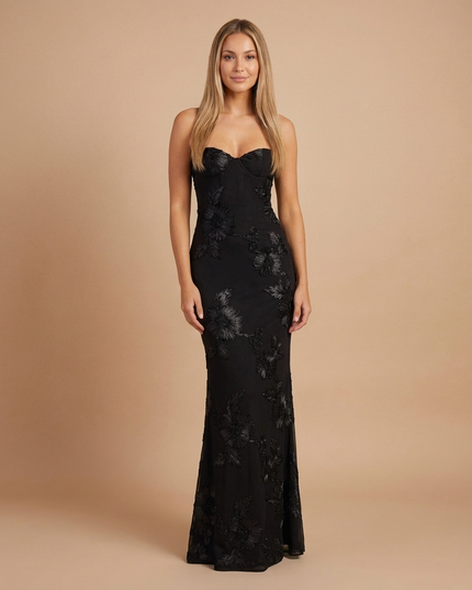 Black floral V neck maxi dress with strapless sweetheart bodice and fitted silhouette