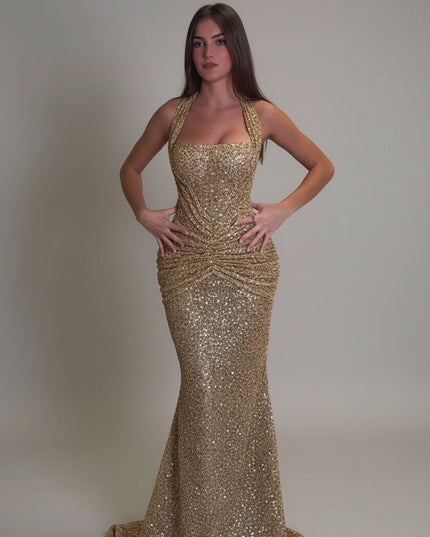 Gold sequin maxi dress with halter neckline and ruched waist, front view