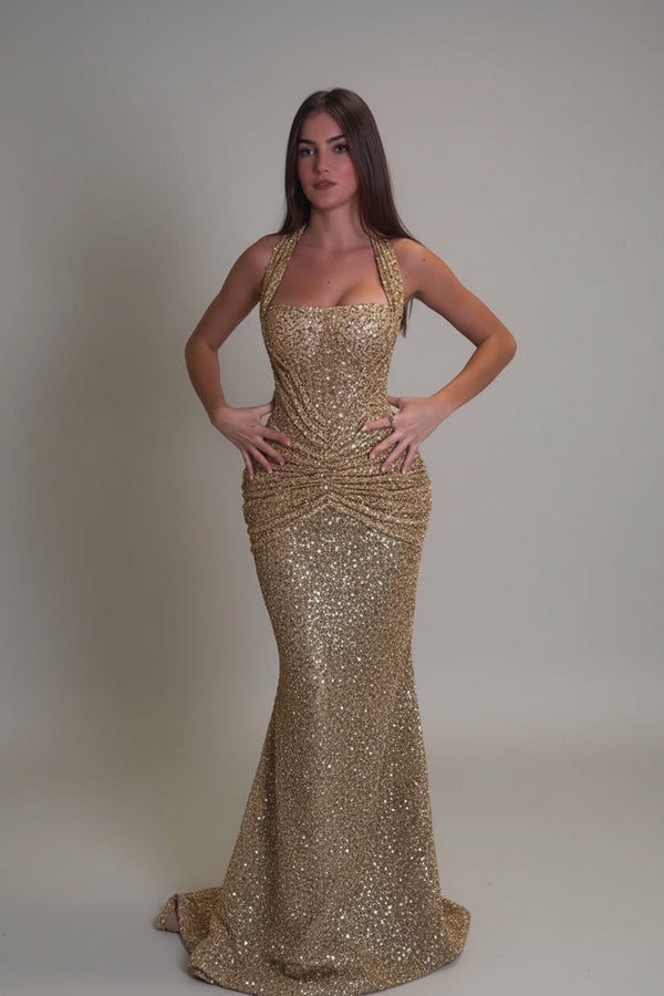 Gold sequin maxi dress with halter neckline and ruched waist, front view