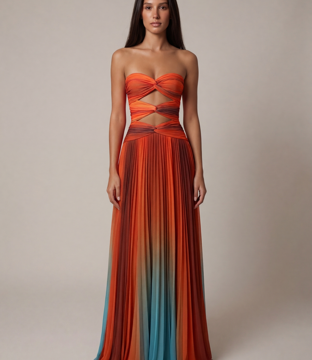 Front view of ombre strapless maxi dress with cutout bodice and pleated skirt
