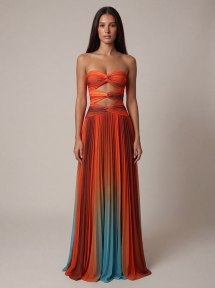 Front view of ombre strapless maxi dress with cutout bodice and pleated skirt