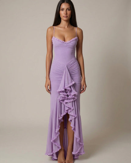 Lavender maxi dress with spaghetti straps, ruffle trim, and ruched front slit detail