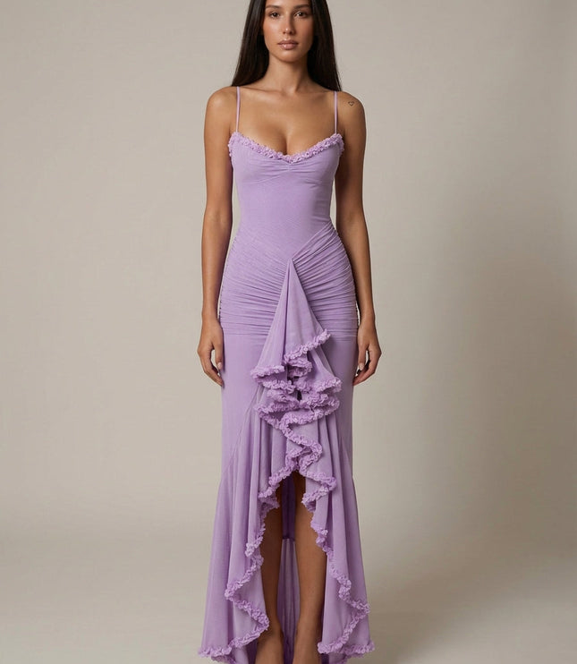 Lavender maxi dress with spaghetti straps, ruffle trim, and ruched front slit detail
