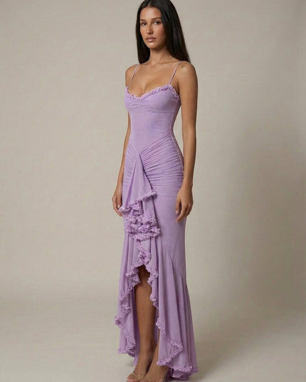 Lavender ruffle detail maxi dress with ruched bodice, front slit, and spaghetti straps