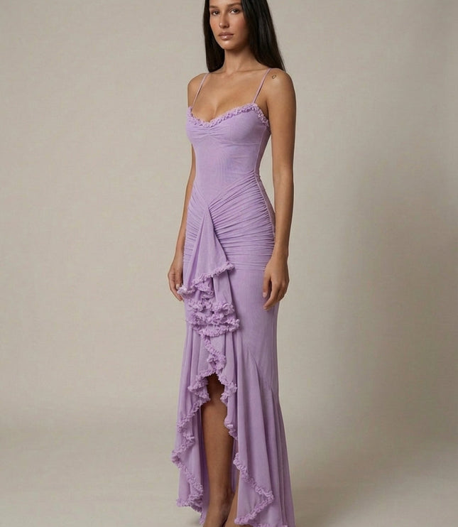 Lavender ruffle detail maxi dress with ruched bodice, front slit, and spaghetti straps
