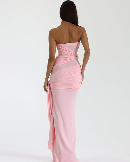 Back view blush pink strapless ruched maxi dress with wrap ruching and side sash