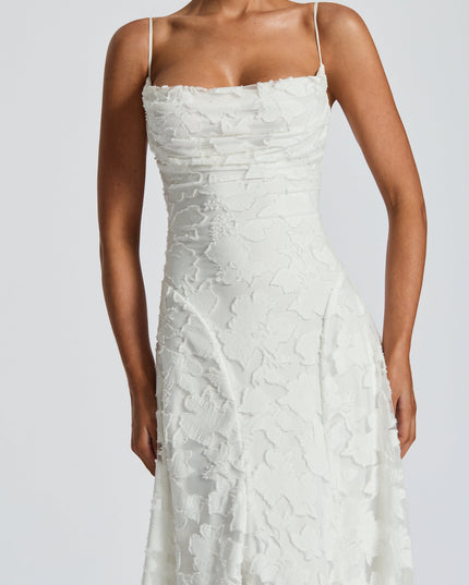 Close-up of ivory floral lace cowl neck formal maxi dress bodice detail