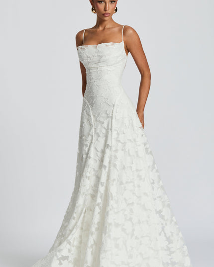 White floral lace maxi dress with cowl neckline and spaghetti straps