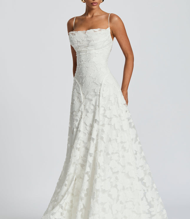 White floral lace maxi dress with cowl neckline and spaghetti straps