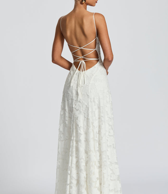 Back view of white lace maxi dress with criss-cross strappy back detail