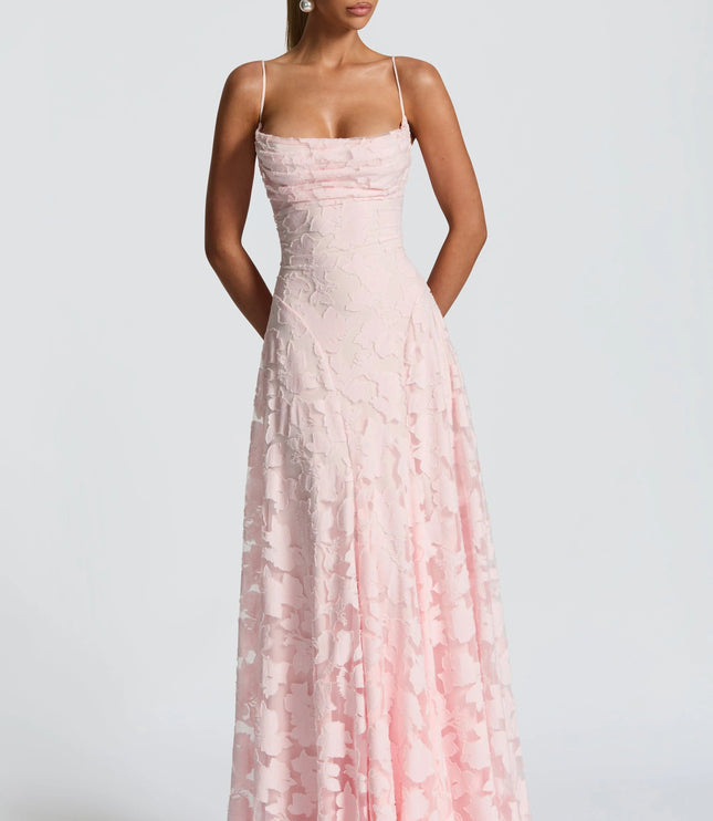 Blush pink floral lace maxi dress with cowl neckline and spaghetti straps