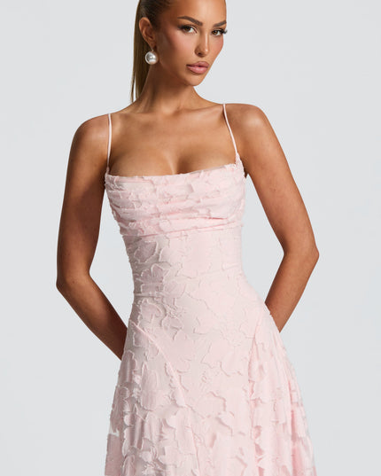 Front close-up of blush pink floral lace formal dress with ruched cowl neckline