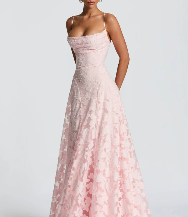 Blush pink floral lace formal maxi dress with cowl neck and fitted bodice