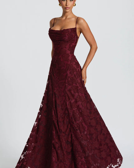 Burgundy floral lace maxi dress with cowl neckline and fitted bodice