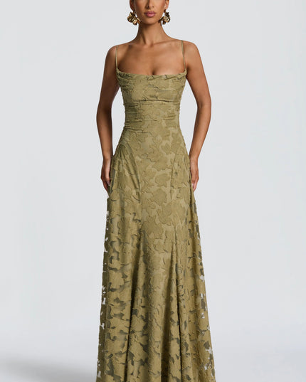 Gold floral lace formal maxi dress with cowl neckline and spaghetti straps