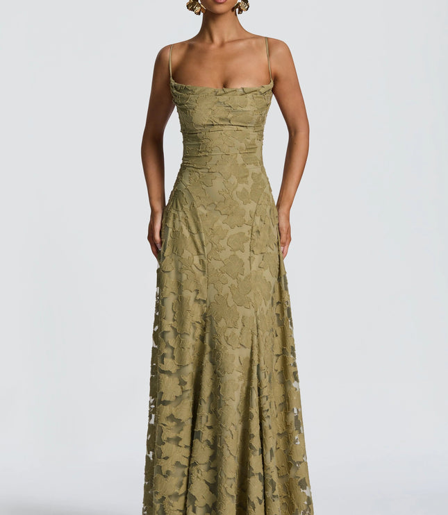 Gold floral lace formal maxi dress with cowl neckline and spaghetti straps